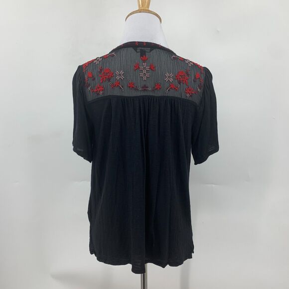 Lucky Brand Boho Blouse Womens S Small Black Embroidered Short Sleeve Semi Sheer - Picture 7 of 15